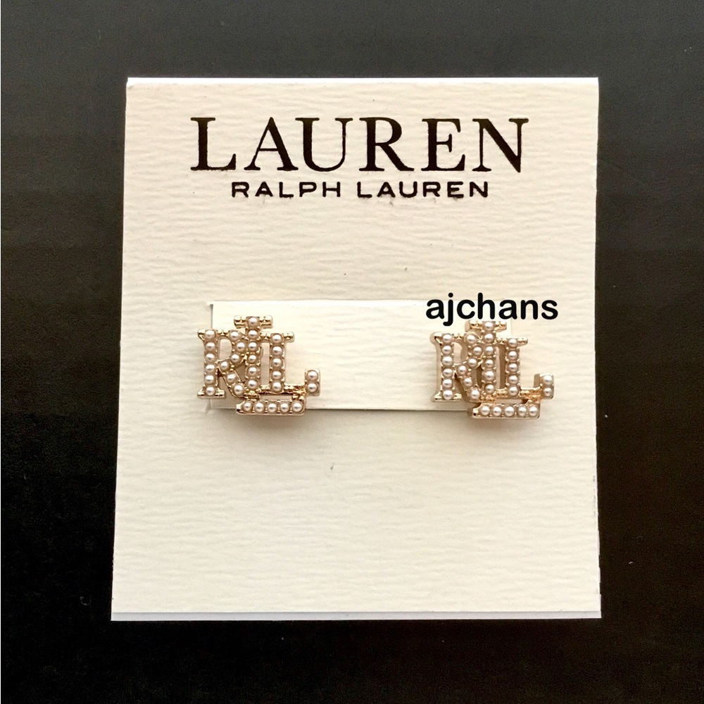 Lauren Ralph Lauren Gold Tone RLL Logo Pearl Stud Earrings - Picture 2 of 4